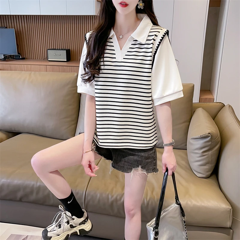 假两件POLO领条纹短袖T恤女夏季2024新款体恤休闲显瘦撞色上衣