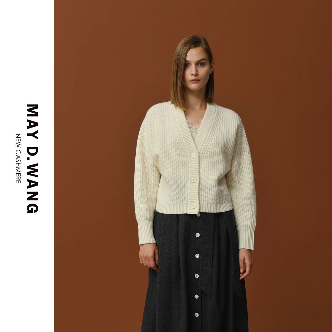 王之造极简风宽松加厚V领100羊绒开衫上衣 D1F1070