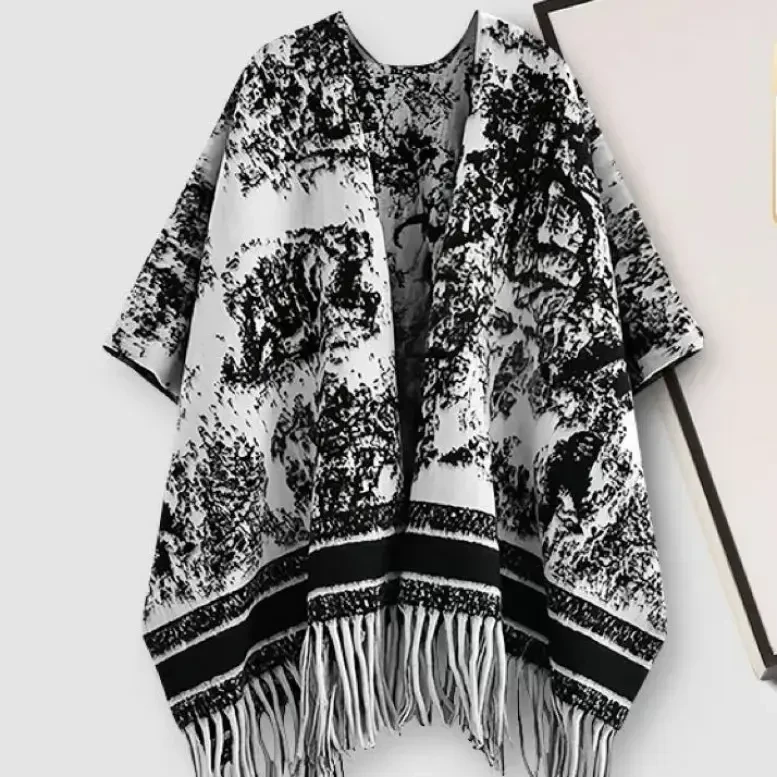 新款 秋冬轻奢围巾女加厚保暖披肩 水墨画 黑白
