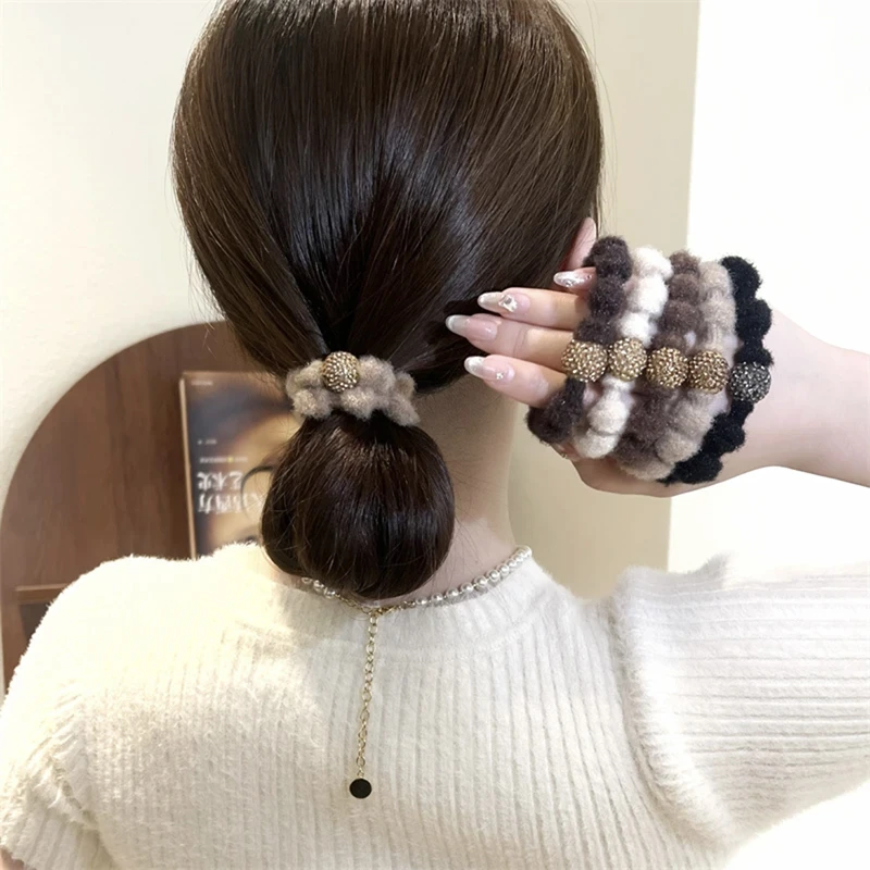 秋冬毛绒水钻头绳气质时尚发绳百搭成人发饰高弹力不伤发皮筋头饰