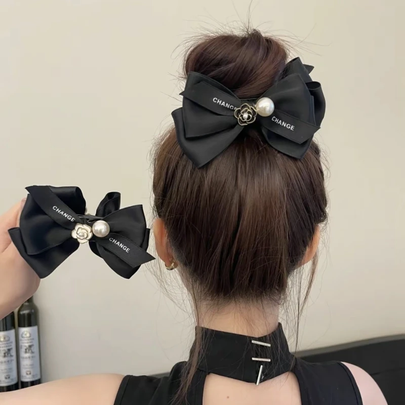 小香风蝴蝶结发夹高级感珠珠山茶花抓夹2024年新款丸子头盘头神器