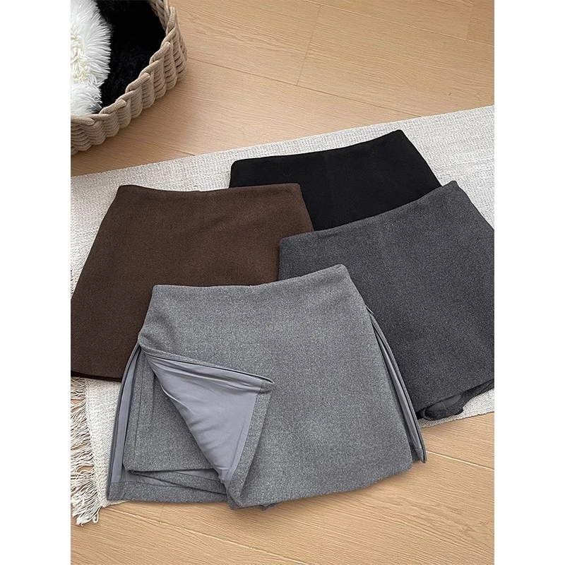 灰色毛呢短裤裙冬季款韩版侧开叉设计高腰显瘦a字包臀半身裙短裙