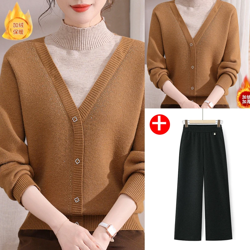 冬季新款假两件保暖又好看的毛衣中老年加绒加厚毛衣上衣24259