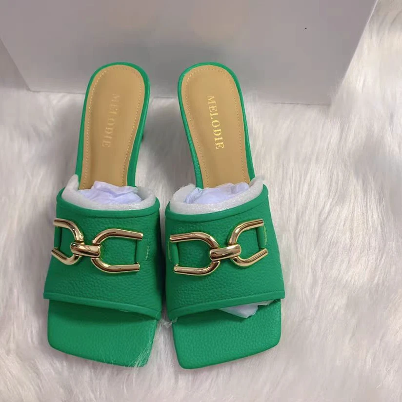 6416麦荔枝纹牛皮高跟拖鞋