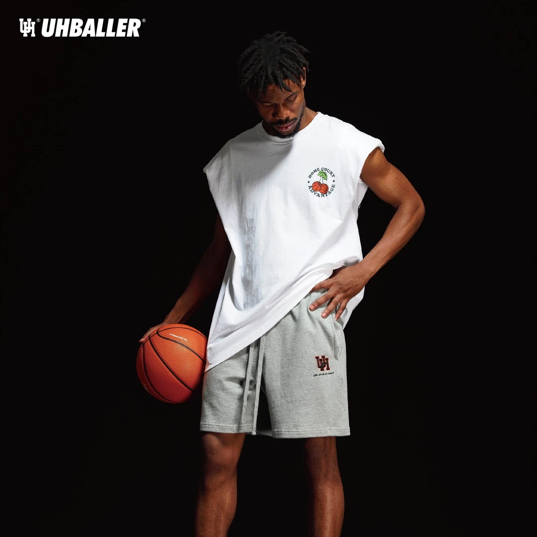 UHBALLER夏季美式复古水洗重磅篮球裤不过膝刺绣纯棉运动男休闲裤