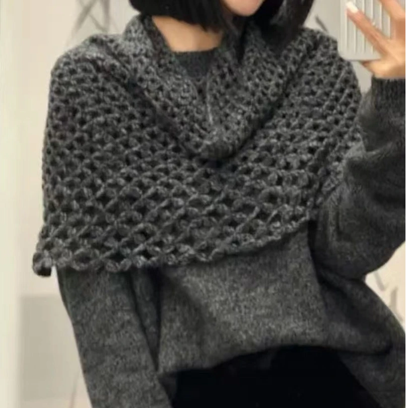 重工手工钩围巾领花纱羊绒衫
