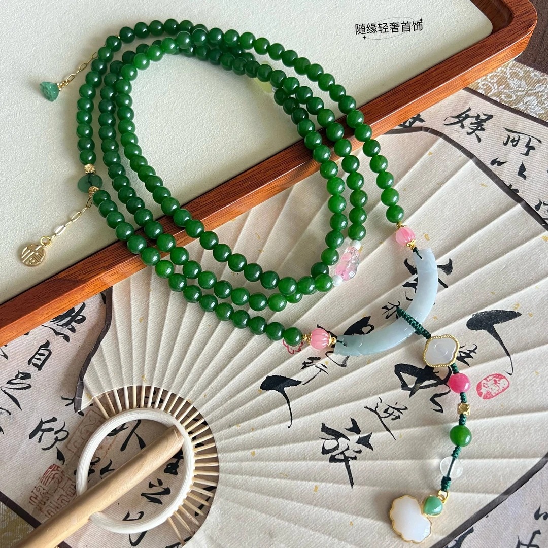 铜合金石英石项链 国风项链新中式斜挎链汉服旗袍配饰长款串珠女