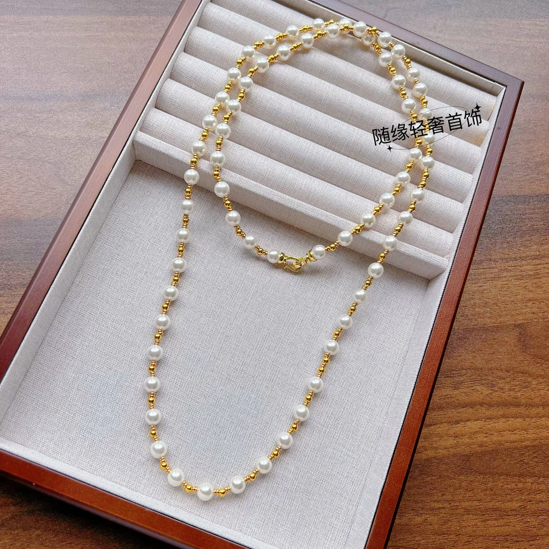 铜合金仿珍珠项链 贝珠长款项链新中式轻奢马甲毛衣链法式叠戴