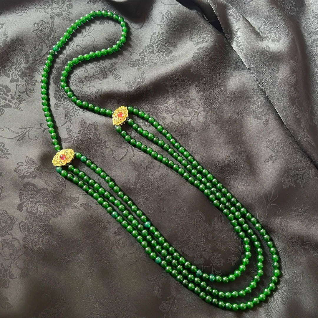 非金属仿水晶项链 新中式绿圆珠项链长款叠戴毛衣链复古百搭女