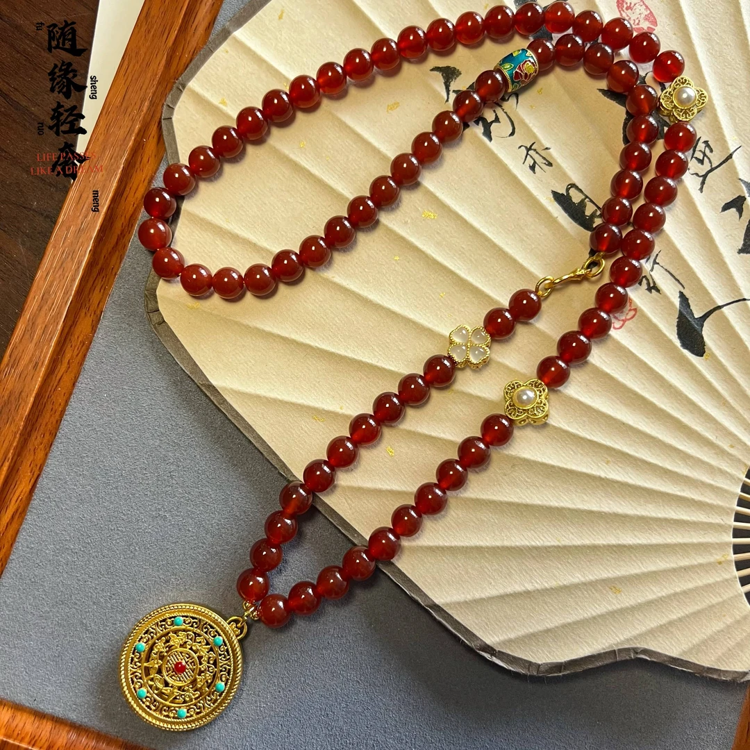 铜合金石英石项链 新中式项链国风复古五福临门吊坠串珠女款气质