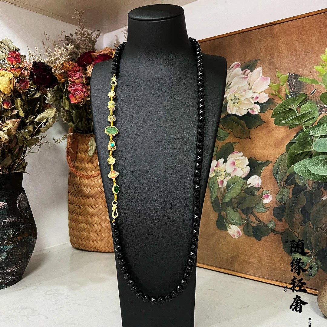 铜合金石英石项链 新中式国风项链黑色圆珠毛衣链马面裙配饰复古