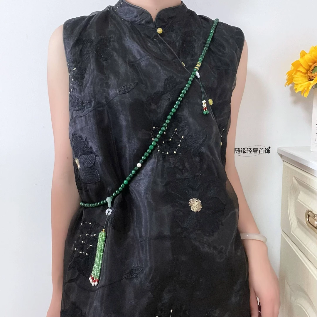 铜合金项链 新中式国风长款项链干青拼色斜挎链手工流苏毛衣链