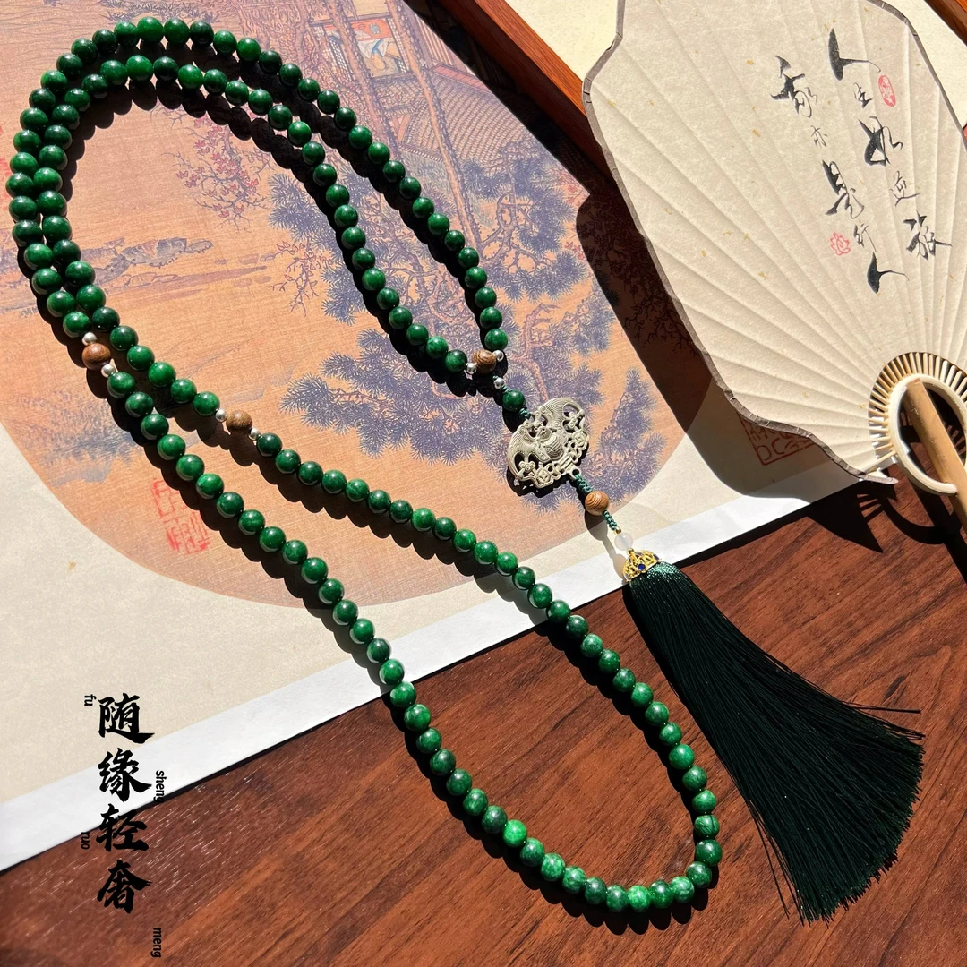 铜合金石英石项链 中式复古流苏项链绿色串珠长款大气毛衣链配饰