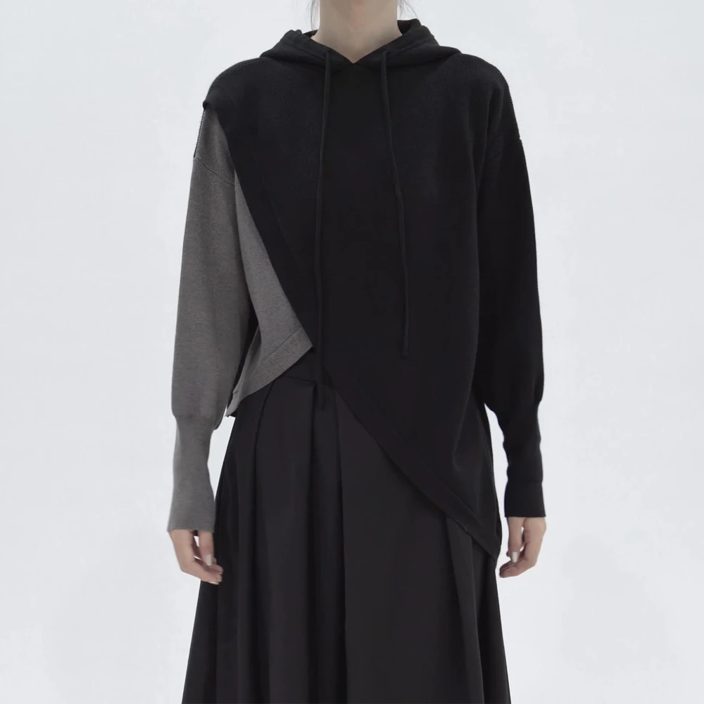 GFW/小众设计师品牌2024秋装新款抽绳连帽不规则拼接-长袖针织衫