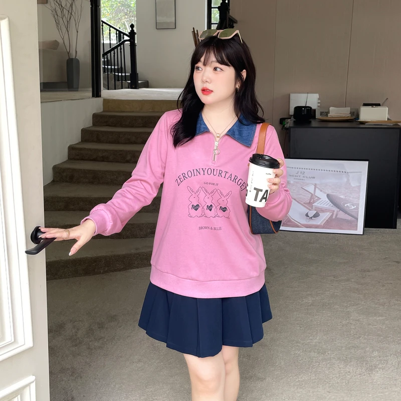 采多宝大码女装POLO领牛仔拼接显瘦印花上衣CDZ1086