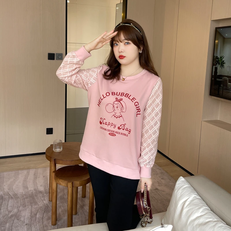 采多宝大码女装盐系穿搭春季甜美蕾丝拼接印花卫衣上衣潮CCZ0708