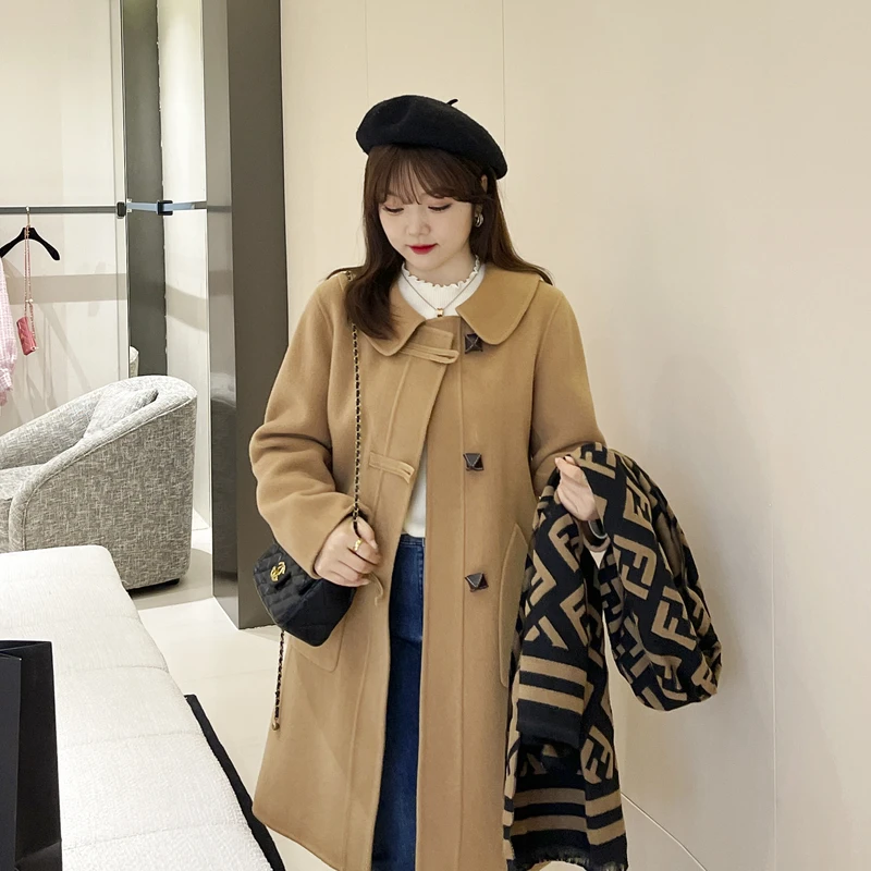 BDN0075采多宝大码女装胖mm2022冬季新款皮扣100羊毛双面呢外套