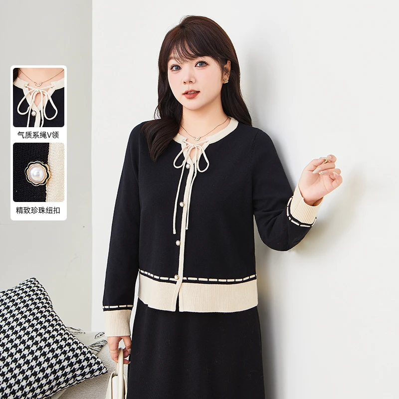 采多宝大码女装不规则V领系带小香风毛衣 DDMY2309
