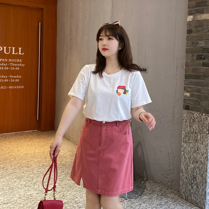 采多宝夏季大码女装显瘦遮肉甜酷女孩胶印短袖T恤 BXZ0399