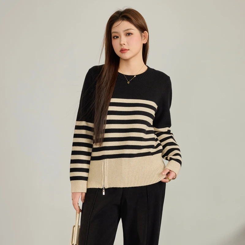 采多宝大码女装圆领条纹潮奢感毛衣DDMY2288