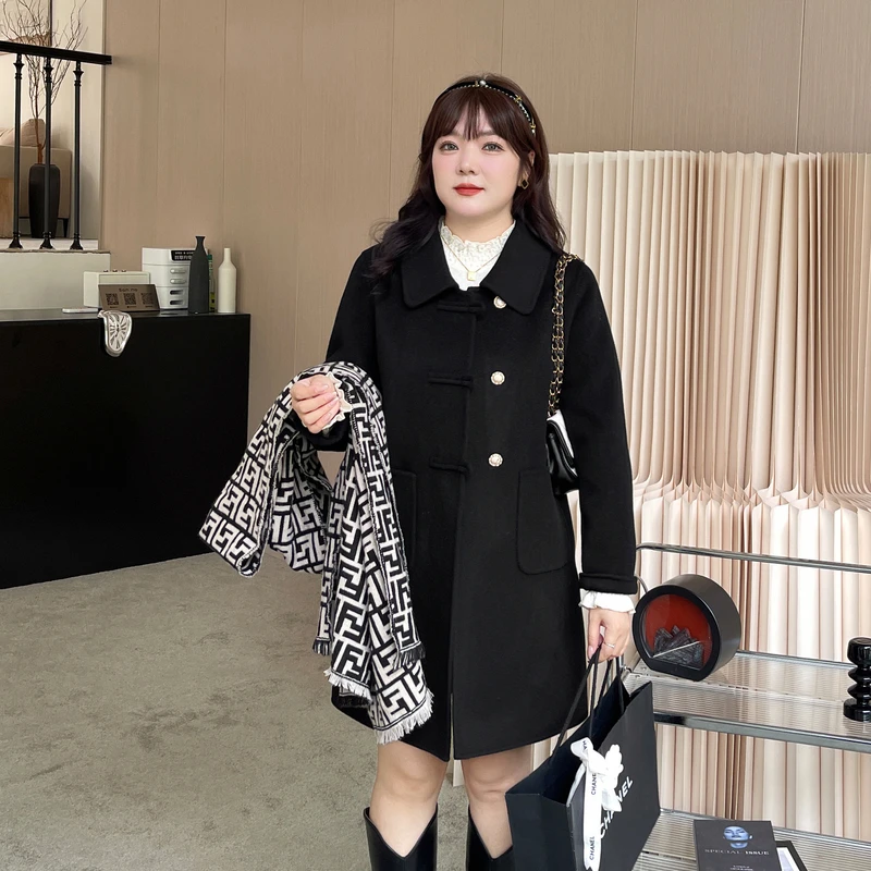 采多宝大码女装翻领双面呢显瘦中长款外套CDN090