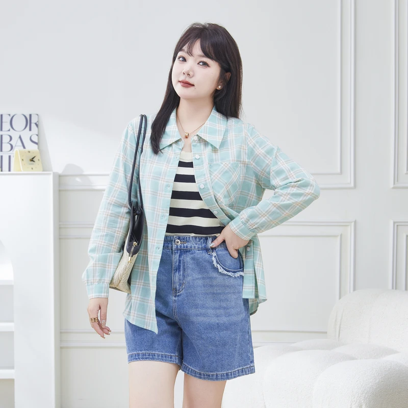 采多宝大码女装宽松百搭格子防晒衬衣 DDA1936
