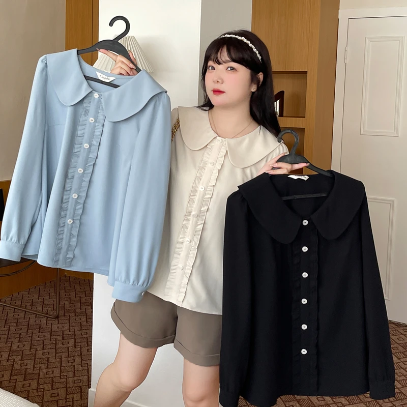 夏季胖MM出门穿搭采多宝大码女装减龄遮肉翻领荷叶边衬衫CDA0908