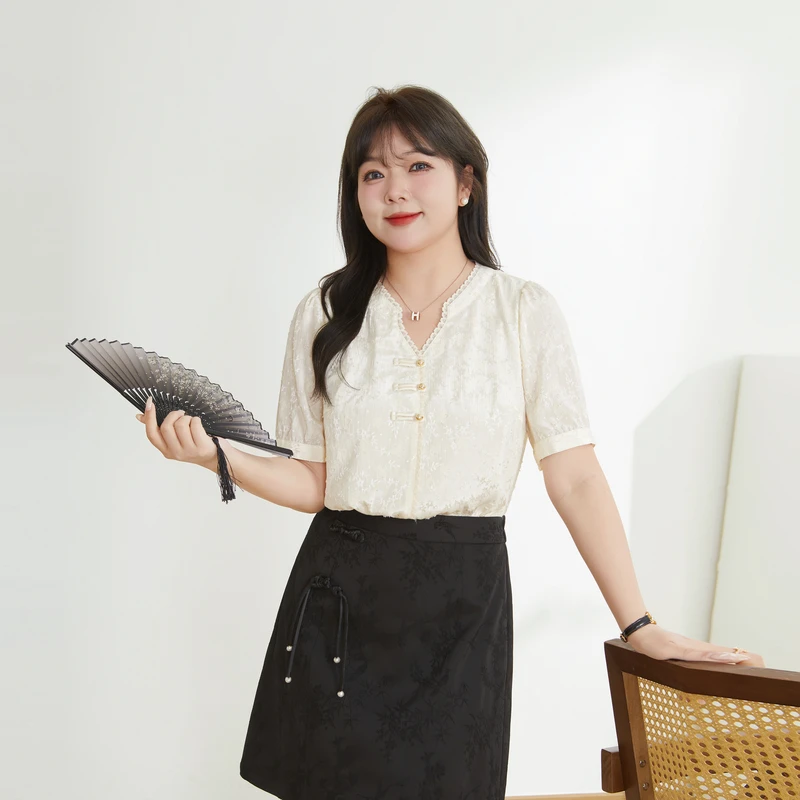 采多宝夏季新款大码女装新中式国风盘扣设计遮肉显瘦短袖DXA0156
