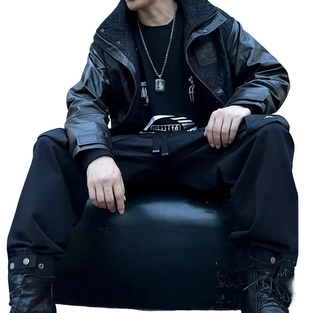 JUNZE 秋冬英伦高端定制设计师款休闲百搭拼接真皮男士翻领皮衣