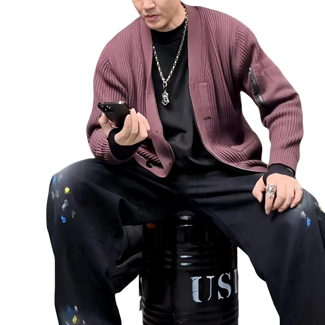 慵懒风V领针织开衫男士宽松休闲毛衣外套潮流百搭