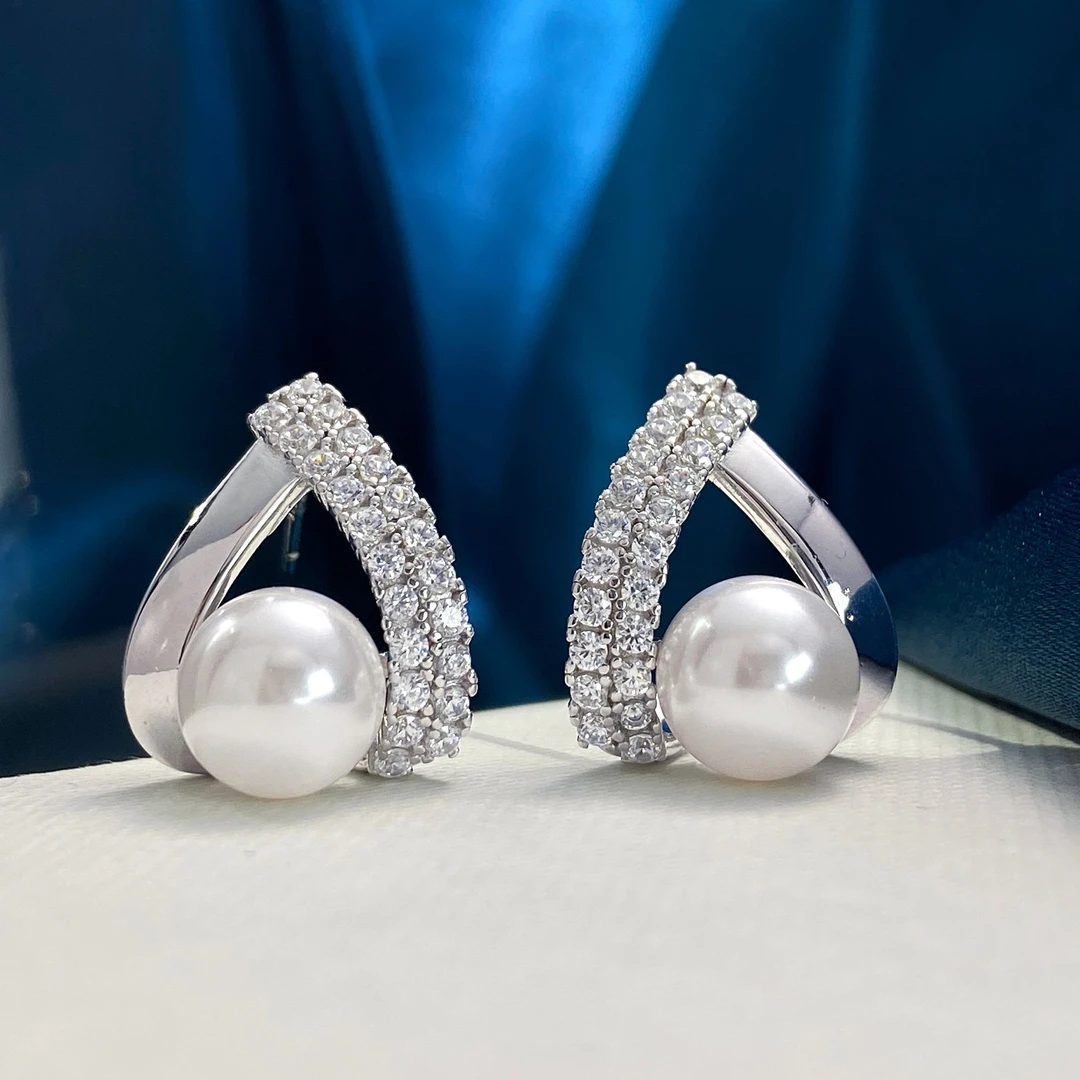 925银合成锆石耳饰 高碳钻贝珠耳钉 复古法式优雅轻奢精致经典