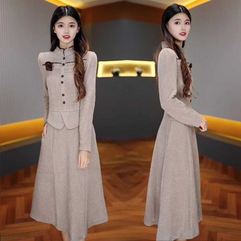 【靓依定制】A303灰白色连衣裙优雅气质时尚收腰显瘦秋季设计感