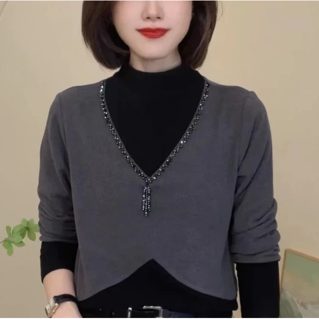 新款冬季加绒加厚拼色绒面时尚休闲T恤设计感气质女士网红小衫