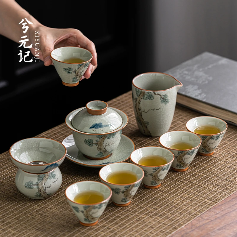 哥窑手绘功夫茶具套装轻奢高档家用陶瓷茶杯盖碗中式泡茶2025新款