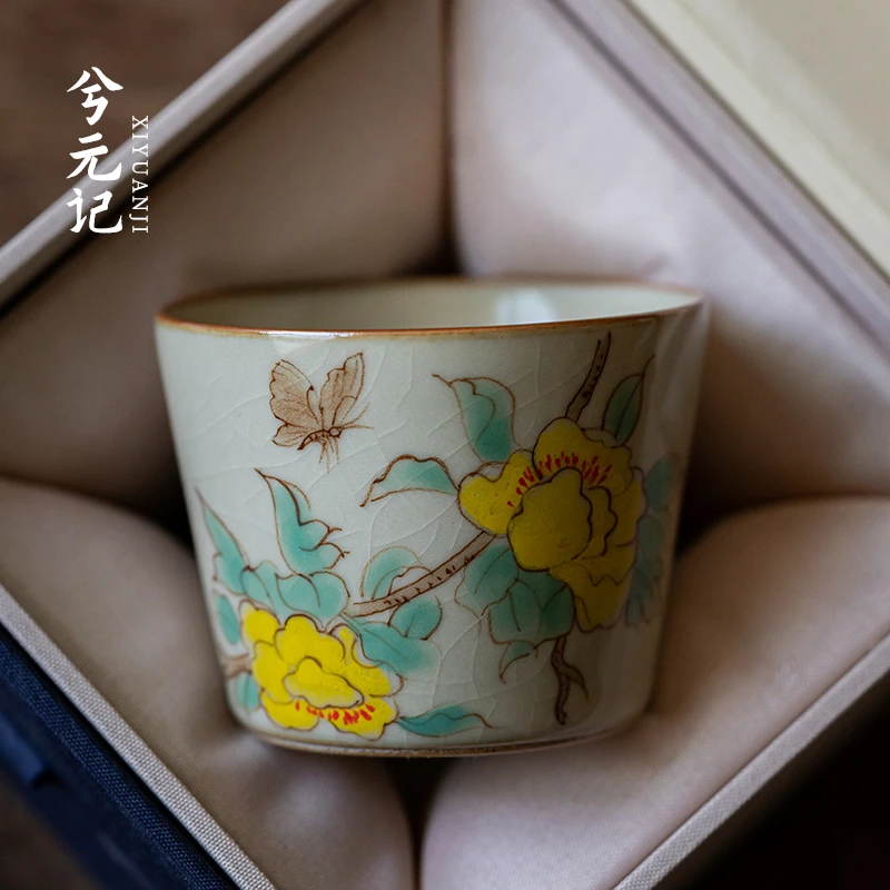 兮元记手绘山茶花豆黄汝窑主人杯单杯高档陶瓷茶杯个人专用茶盏
