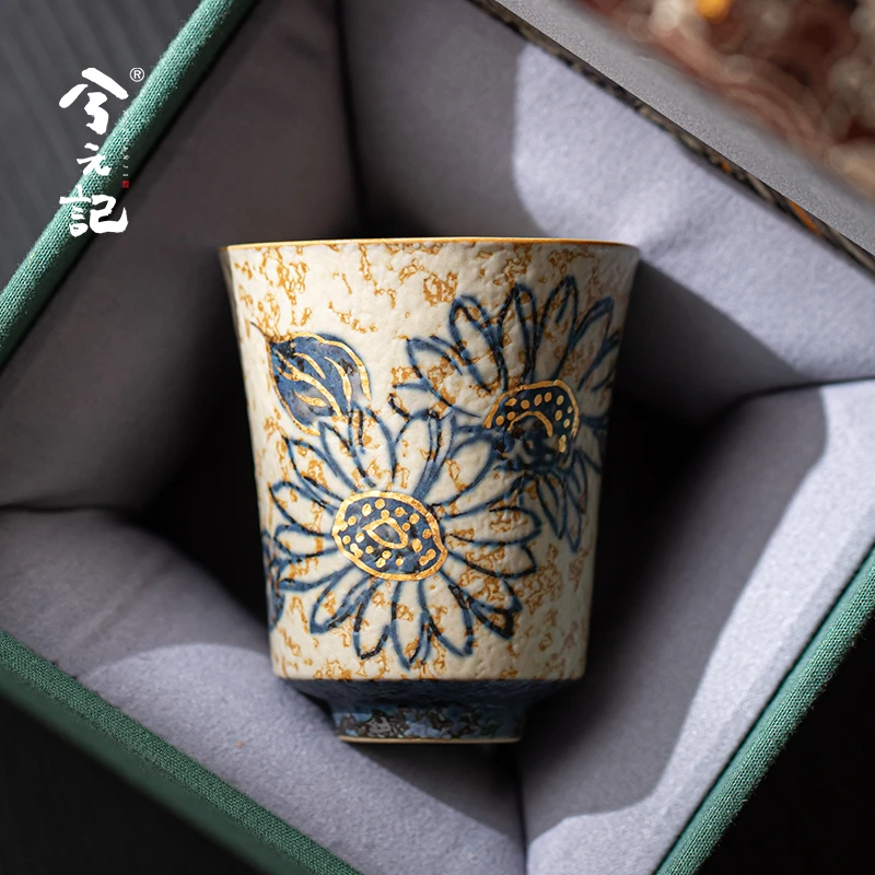 兮元记手绘陶瓷茶杯描金青花火石红主人杯家用高档品茗杯子闻香杯