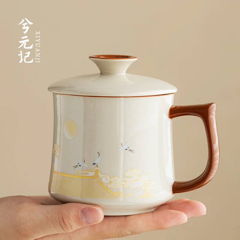 兮元记草木灰仙鹤茶杯办公杯个人专用陶瓷水杯办公室中式高档杯子
