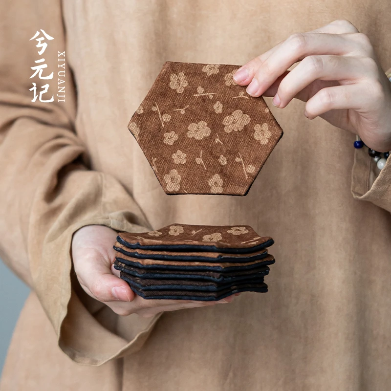中式禅意六角杯垫茶杯托香云纱隔热垫可家用防烫垫耐高温茶道配件
