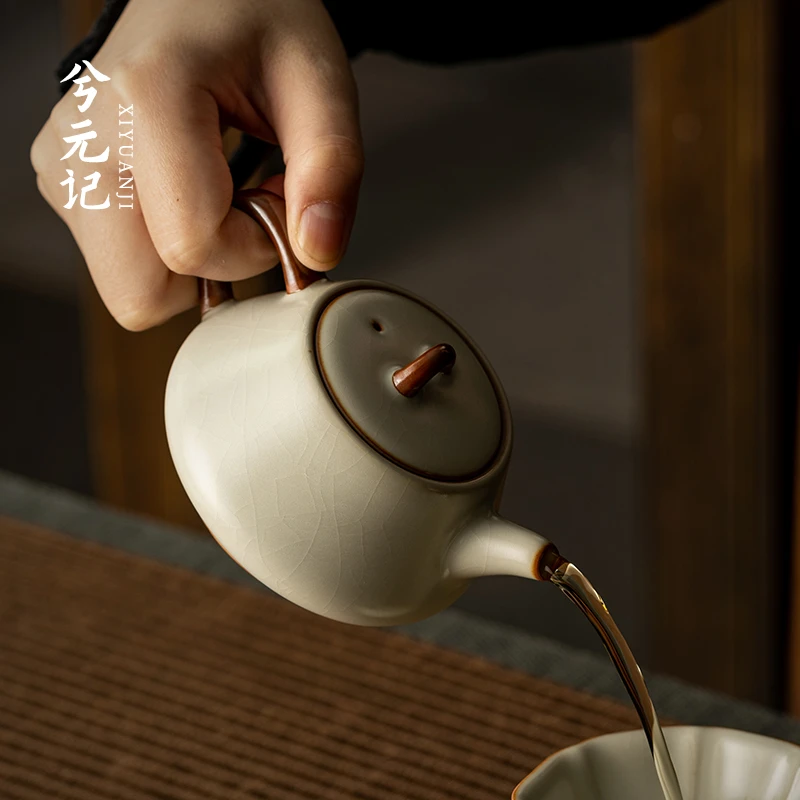 米黄汝窑石瓢壶陶瓷小茶壶泡茶喝茶家用茶水壶单壶泡茶器功夫茶具
