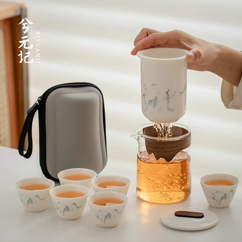 兮元记羊脂玉瓷快客杯一壶六杯旅行茶具套装便携式户外喝茶装备