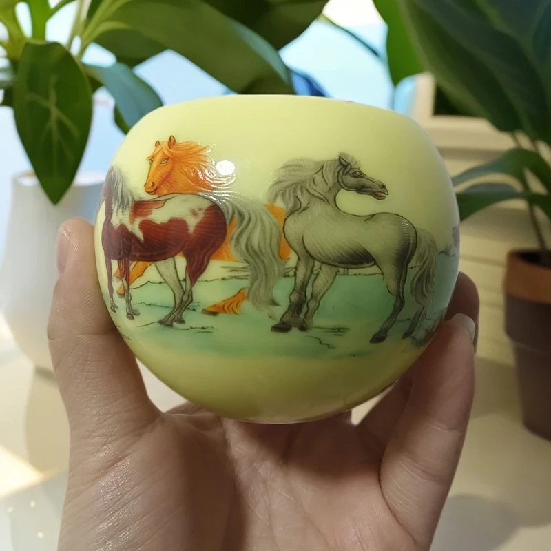 【黄色八骏图龙蛋杯】喝茶喝水品茗杯陶瓷杯主人杯