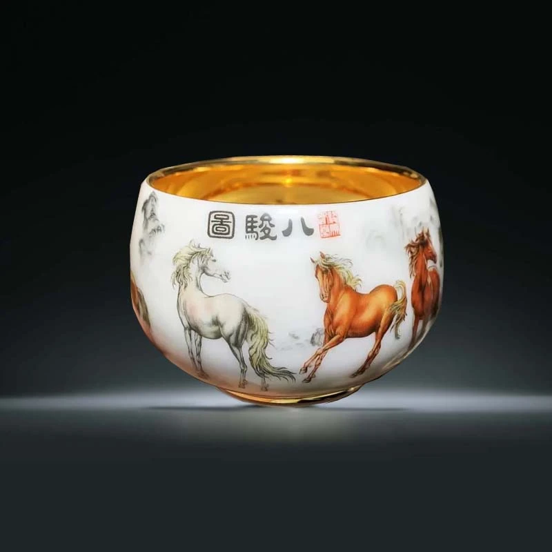 【鎏.金.八骏图1】生肖杯高端主人杯马杯手工鎏金杯高端瓷器