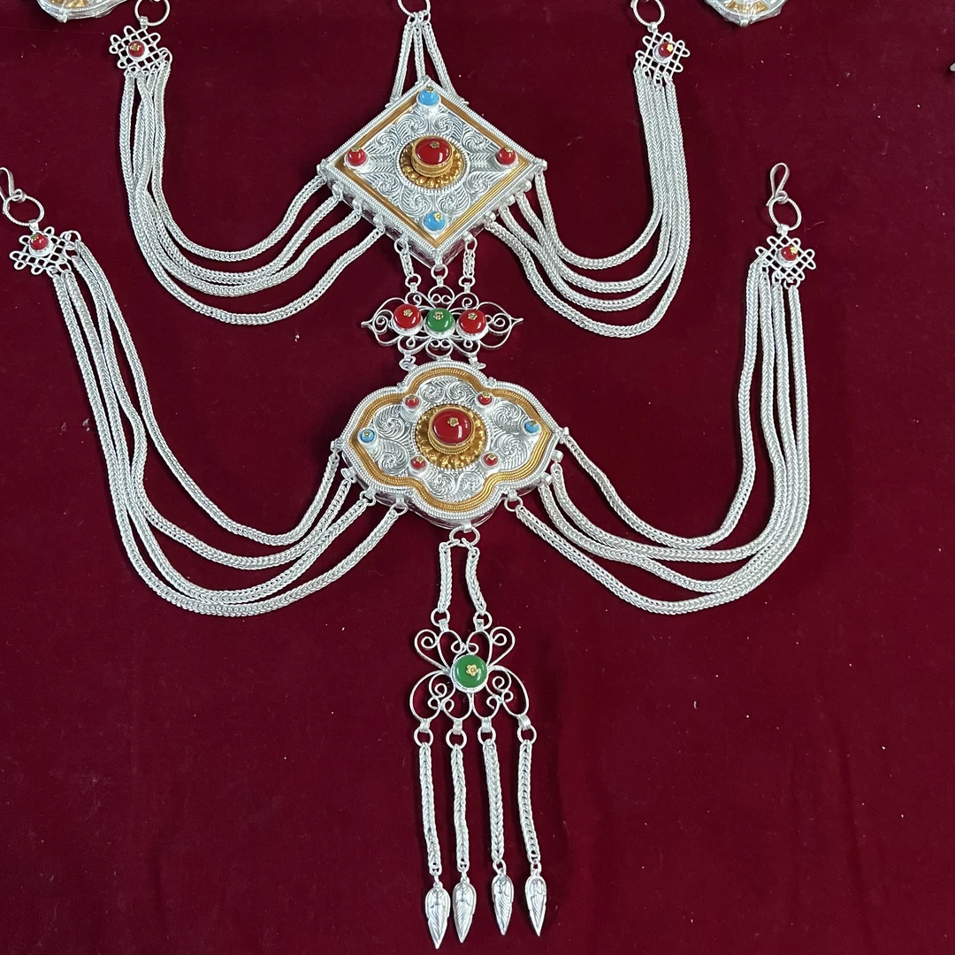 藏族饰品白铜镀银手工腰链2层