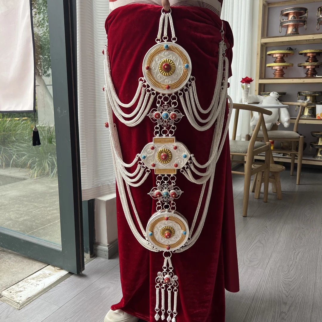 新款藏式新款女士婚庆新款链子手工制作精细精品白铜镀银重工腰链