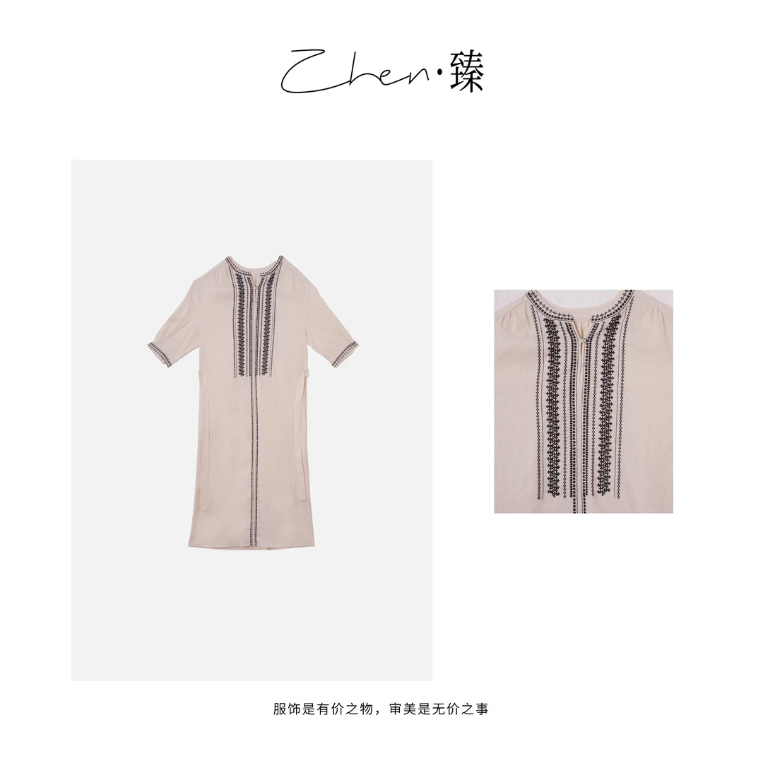 ZHEN.臻 法式轻奢波西米亚风精工刺绣亚麻宽松连衣裙女LYQ7057Z