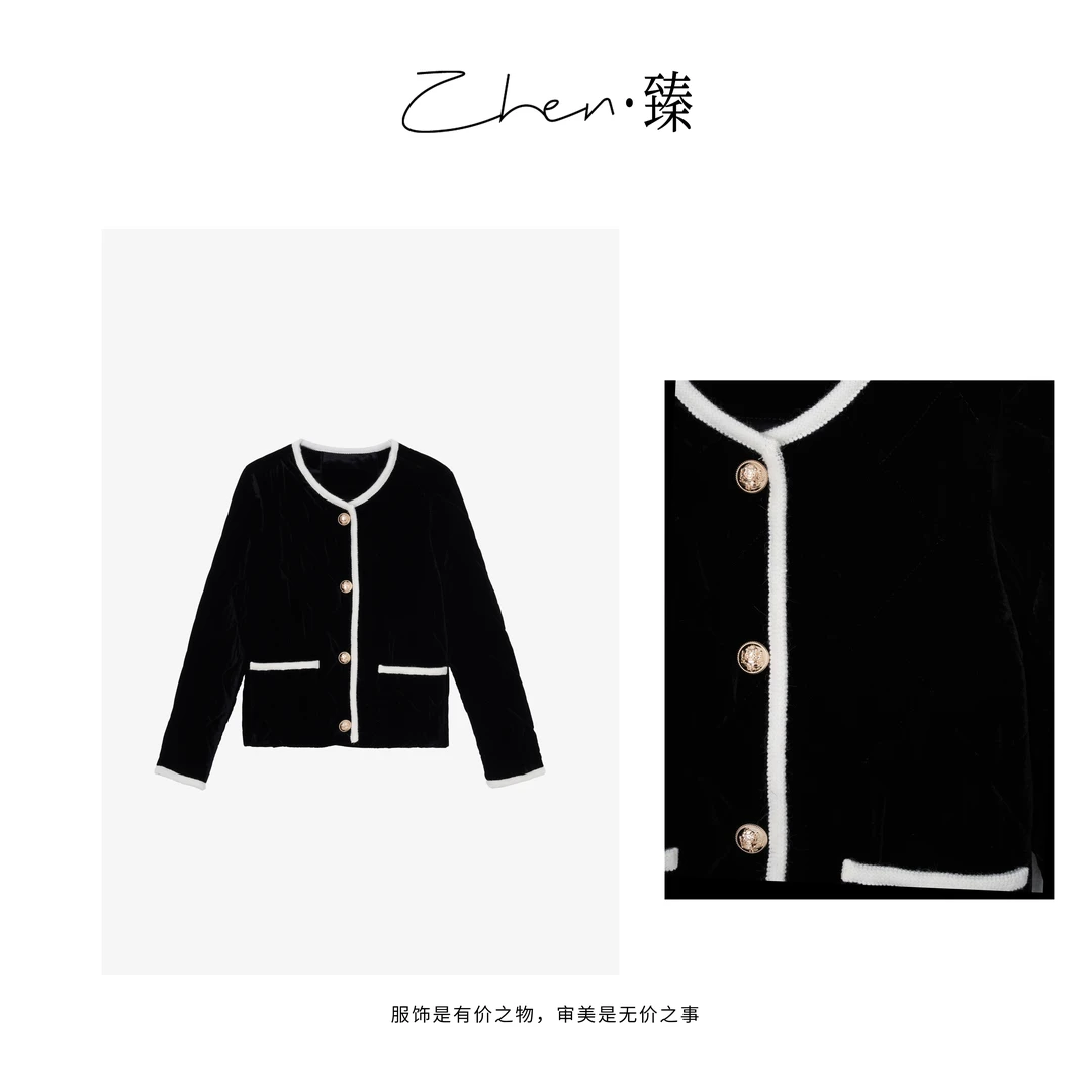 ZHEN.臻 24秋冬新菱形格撞色金扣小香风真丝丝绒夹棉棉服SY7287Z