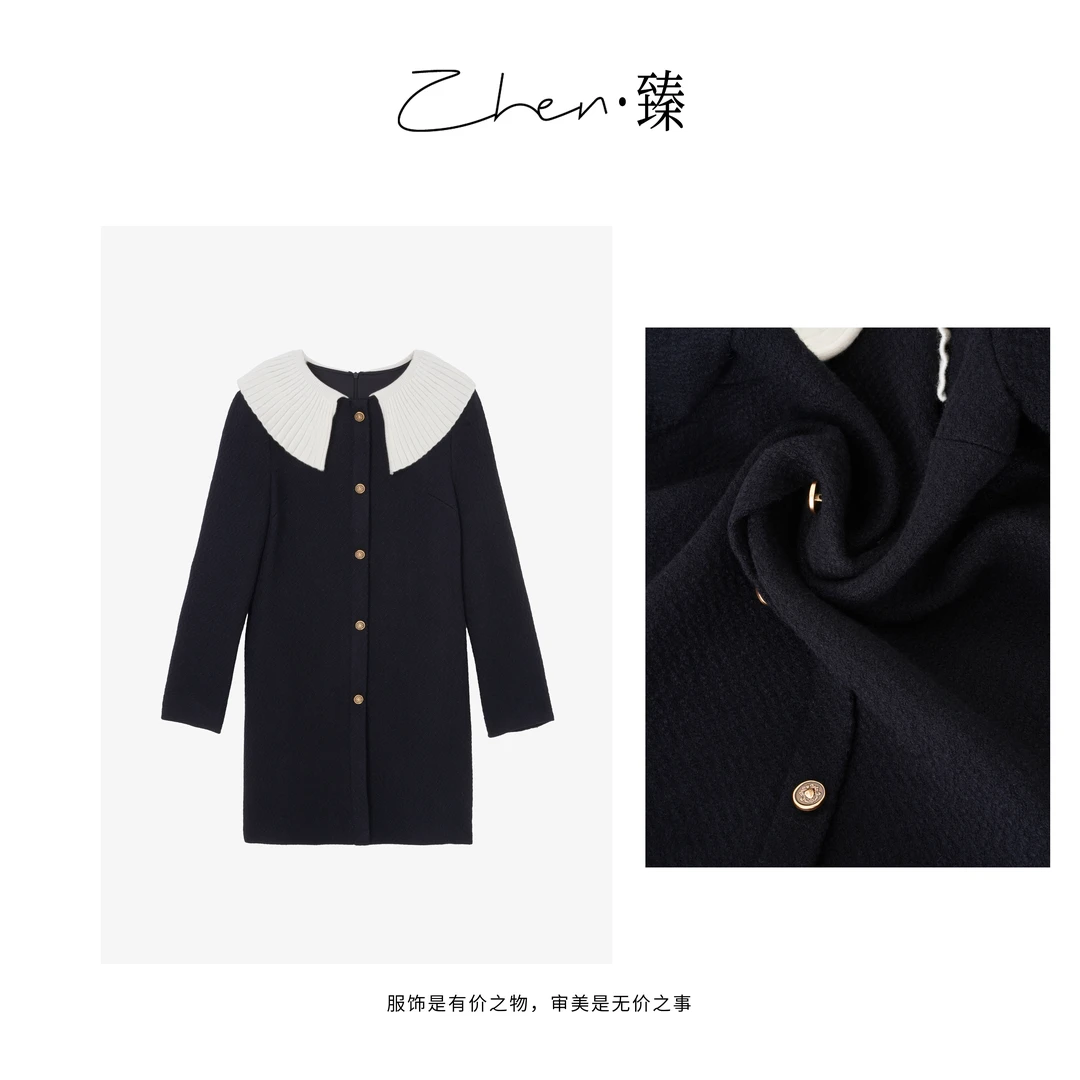 ZHEN.臻 法式小香风撞色娃娃领减龄简约羊毛外套式连衣裙LYQ7284Z