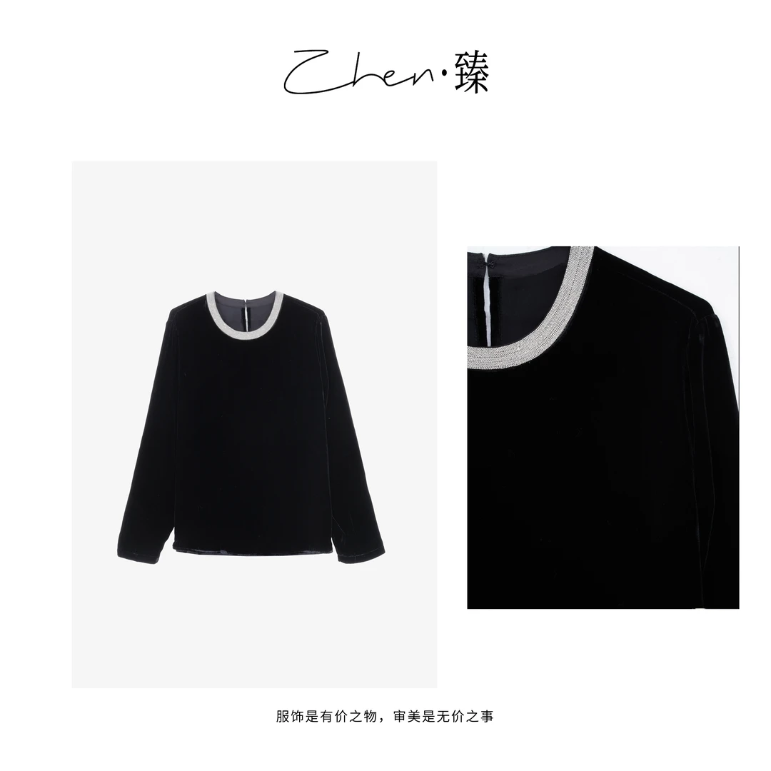 ZHEN.臻 欧货轻奢质感钻条领设计真丝丝绒上衣SY7255Z