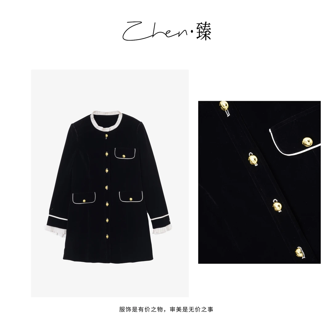 ZHEN.臻 赫本风贵气名媛小香风丝绒重工假两件拼接连衣裙LYQ7463Z