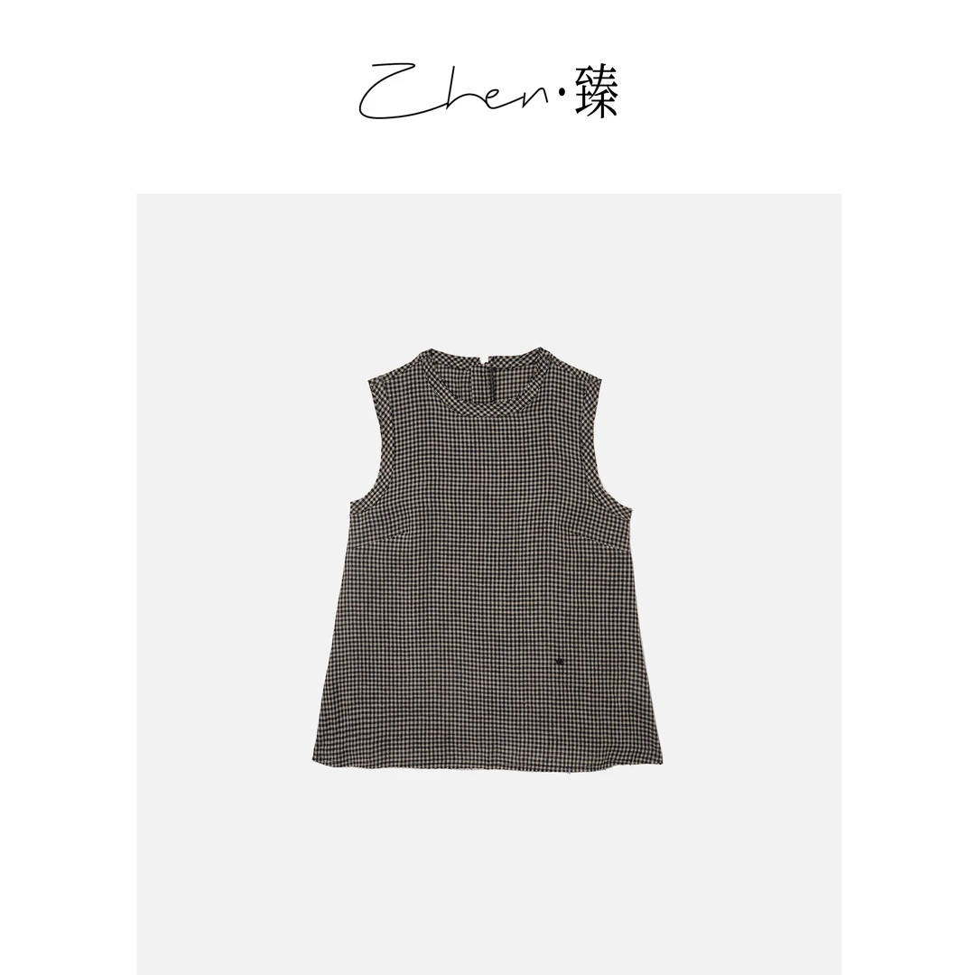 ZHEN.臻 气质款通勤百搭格子亚麻圆领无袖马夹上衣 SY7094Z